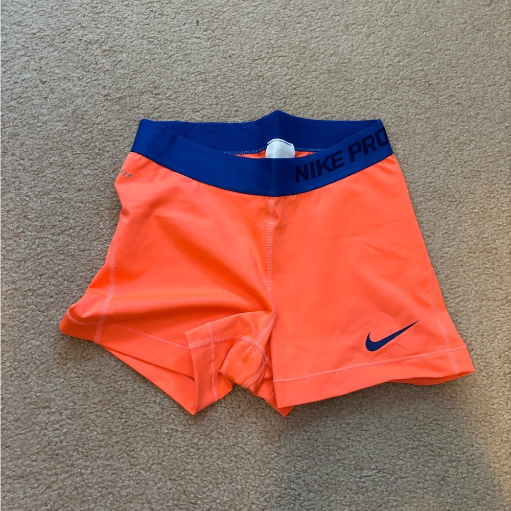 Nike Pro Bright Orange Shorts with Blue Waistband
